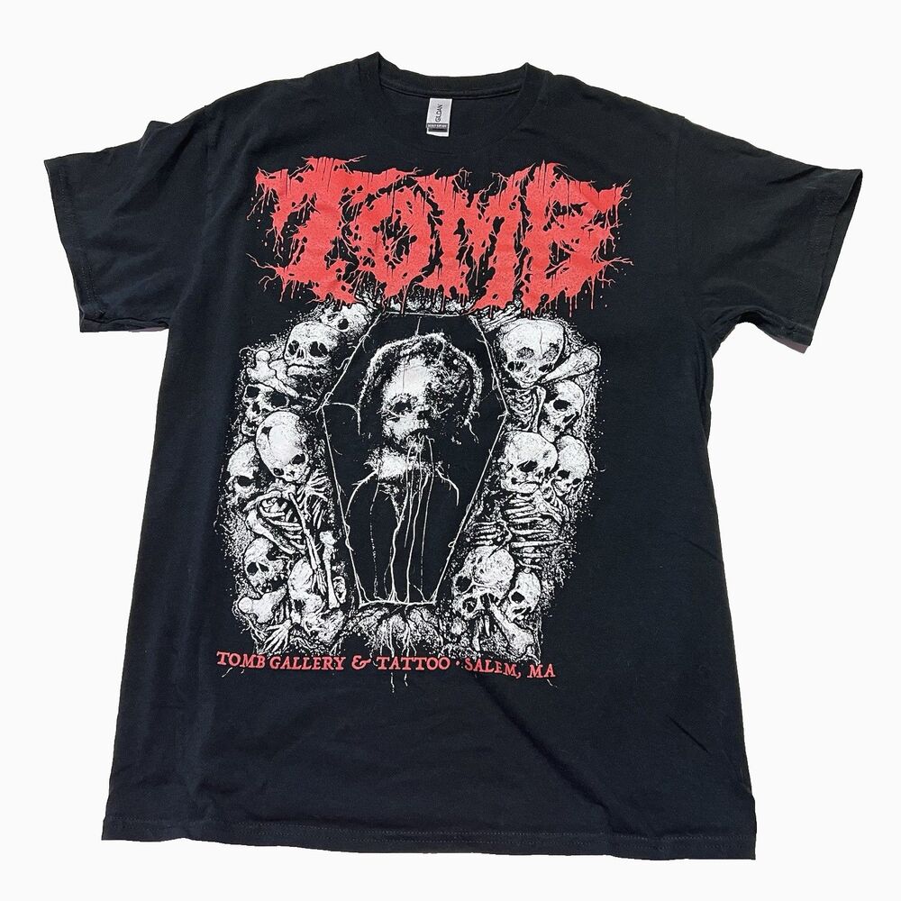 TOMB Gallery And Tattoo Salem MA Heavy Cotton T-Shirt Tee Skulls Medium Black